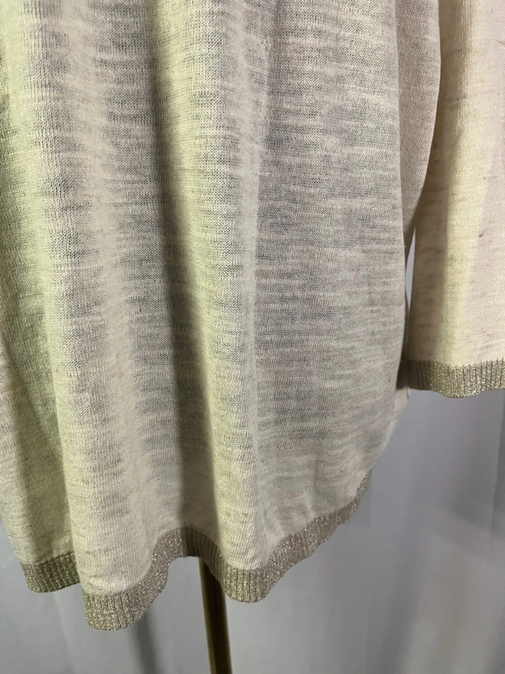 NWT LOFT Cream Gold Shimmer Trim 3/4 Sleeve Linen Blend Sweater